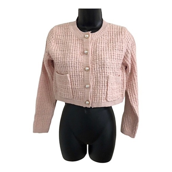 Jessica Simpson pink textured knit pearl button crop cardigan sweater jacket - Picture 4 of 15